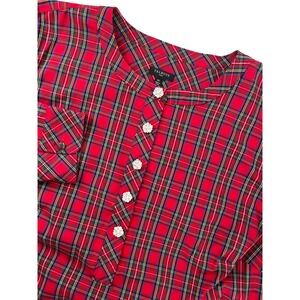 Talbots Plus Red Tartan Plaid Blouse Rhinestone Flower Buttons 1X Long Sleeve